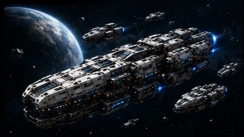 A capital ship and its escorts holding position above a planet in Astral Sovereignty.