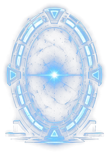A luminous gate structure standing in darkness, evoking the causality fracture at the heart of Atomic Tick's setting.