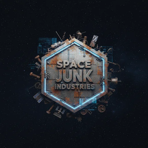 The Space Junk Industries company mark: a neon-edged hexagonal plate assembled from salvaged parts.